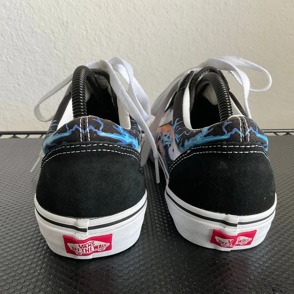 Vans Old Skool Black Multi Color Lightning Flame Skate Shoes Mens 9.5 Womens 11